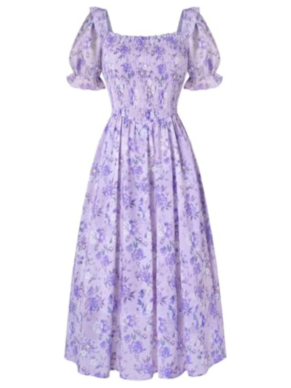 Women's Floral Puff Sleeve Midi Dress Square Neck A-Line Chiffon